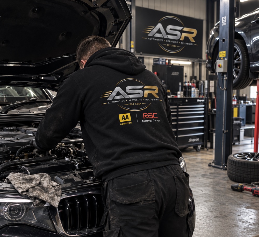 ASR technician working on a BMW engine in the Ramsgate workshop